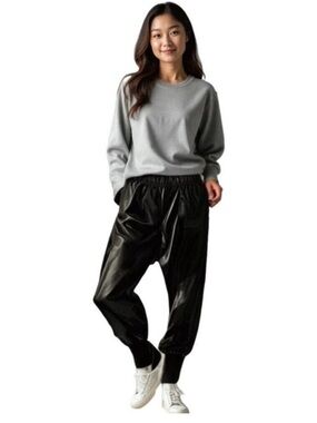 Lulunico Faux Leather Joggers Small Black Elastic Waist Adjustable Tie